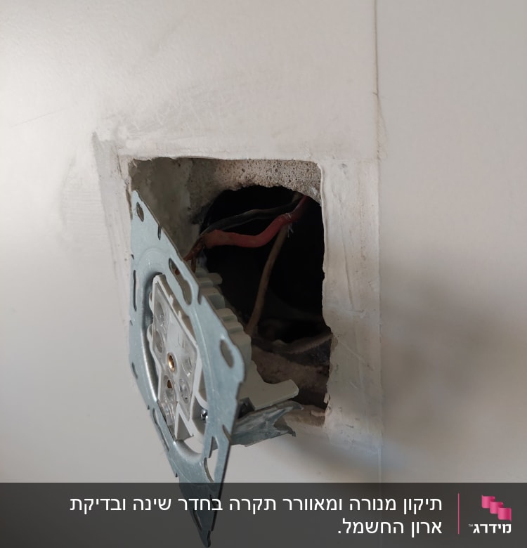 שקע חשמלי פתוח עם חוטים חשופים בקיר